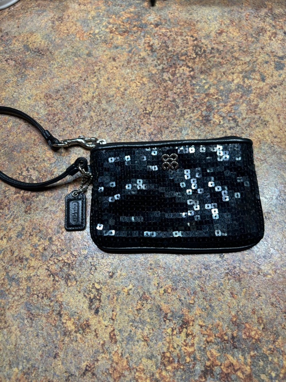 Coach Black Sequin Wristlet with Leather Tag